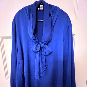 ECU - Size 3X - Jewel Tone Royal Blue Bow Tie Silky Blouse - Long Sleeve